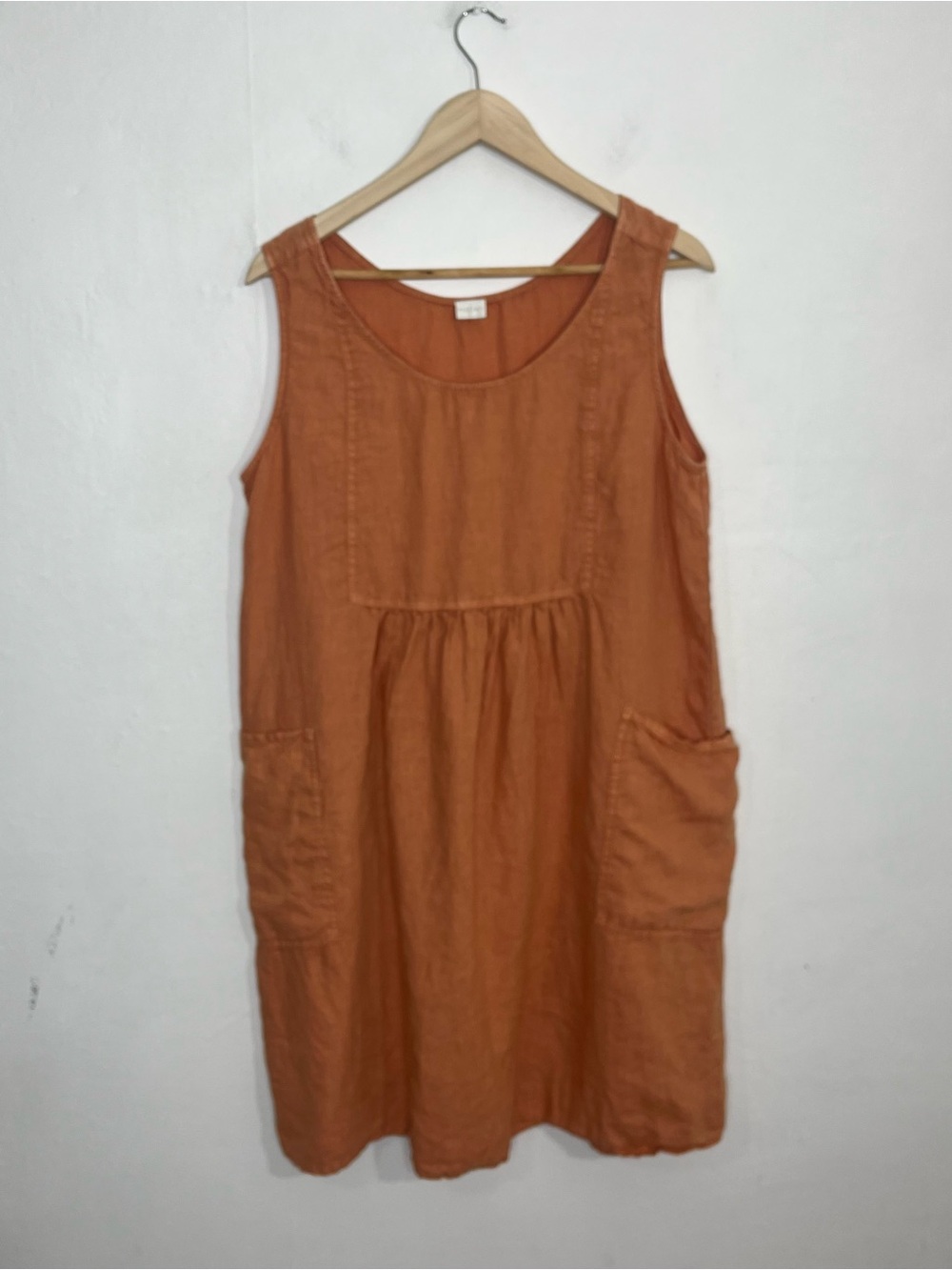Poetry Sleeveless Rust Orange Linen Dress Large Pockets Womens Size 12 Lagenlook